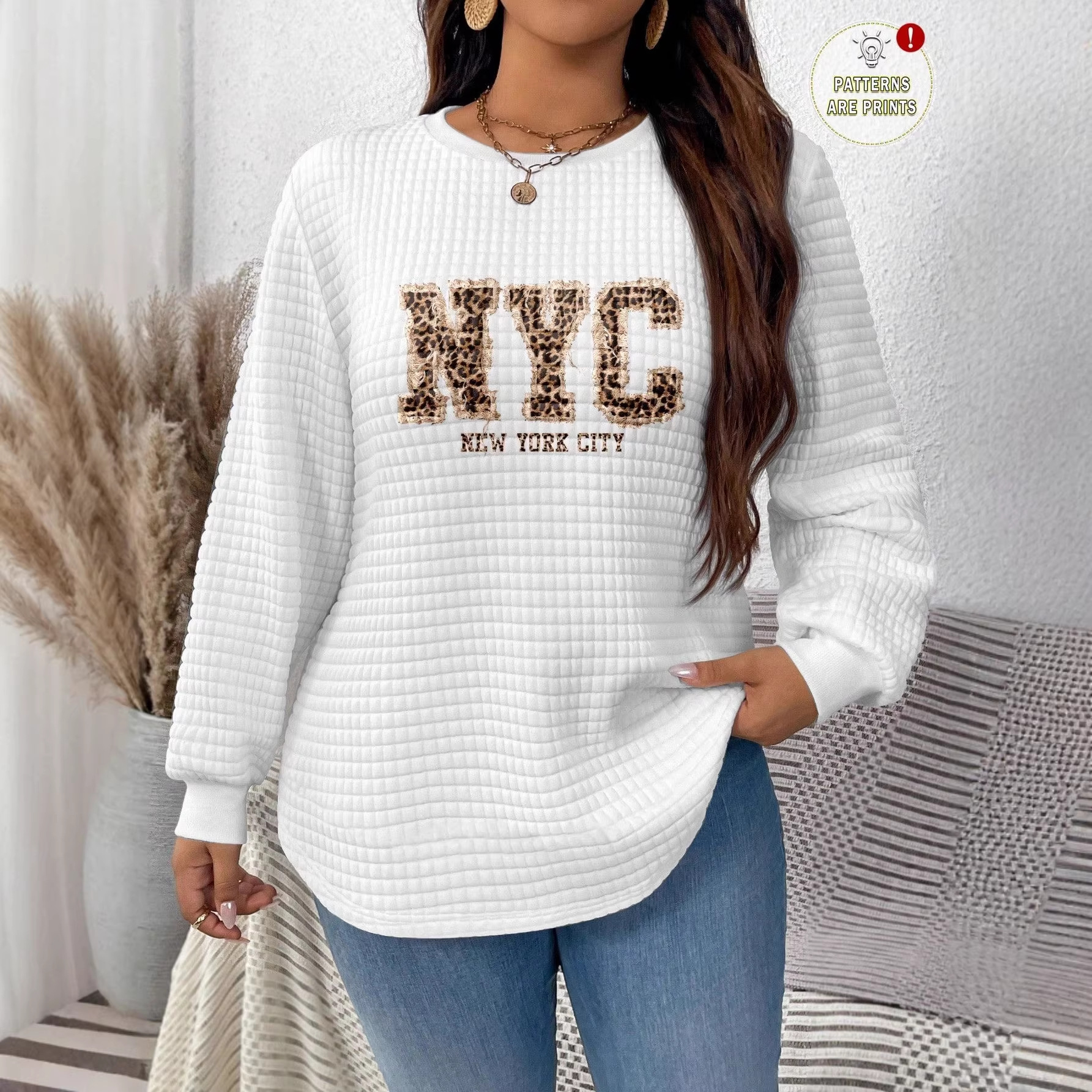 Waffle Knit Heart Print Crewneck Sweatshirt for Women