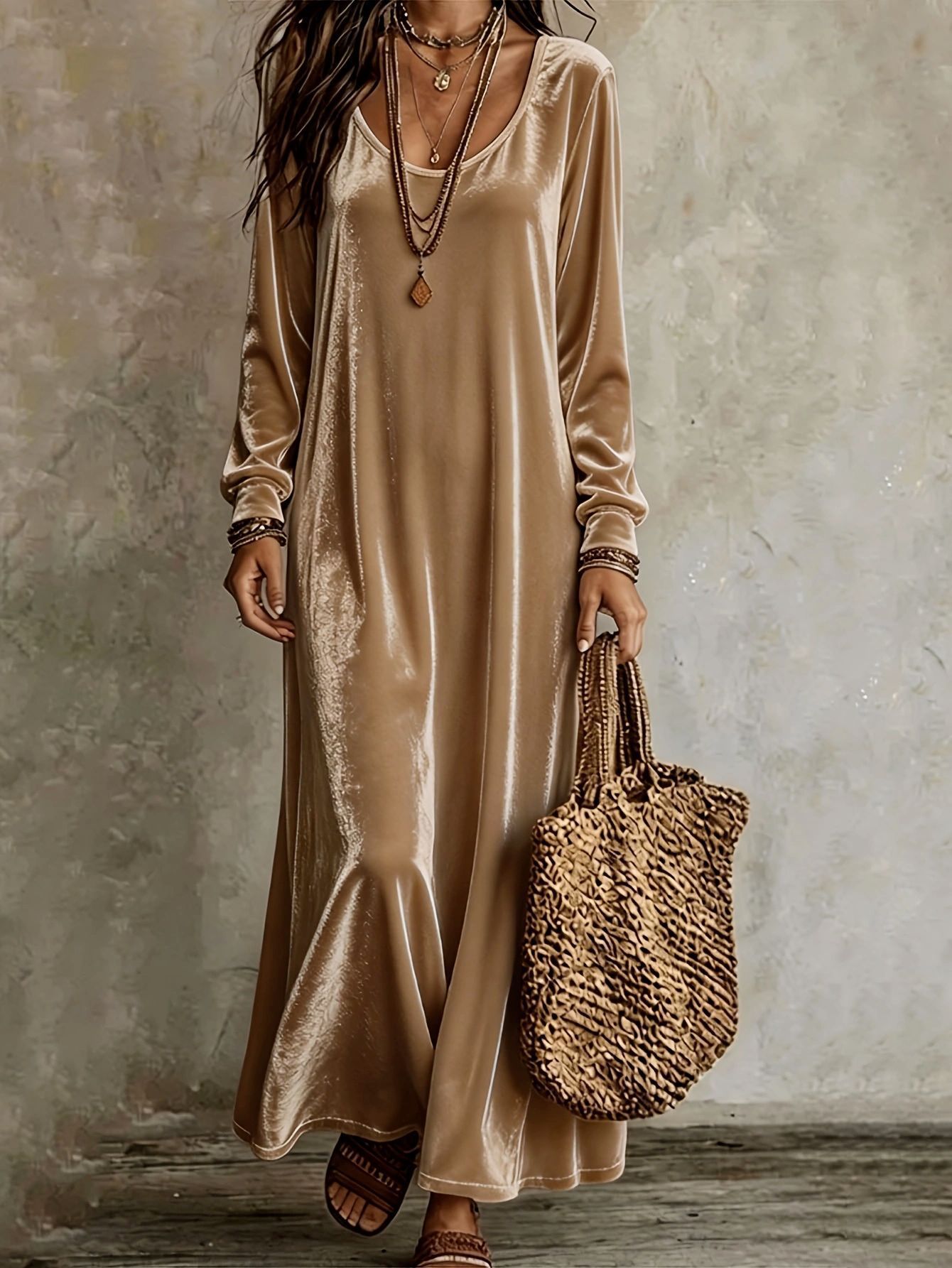 Solid Crewneck Long Sleeve Loose Casual A-Line Maxi Dress