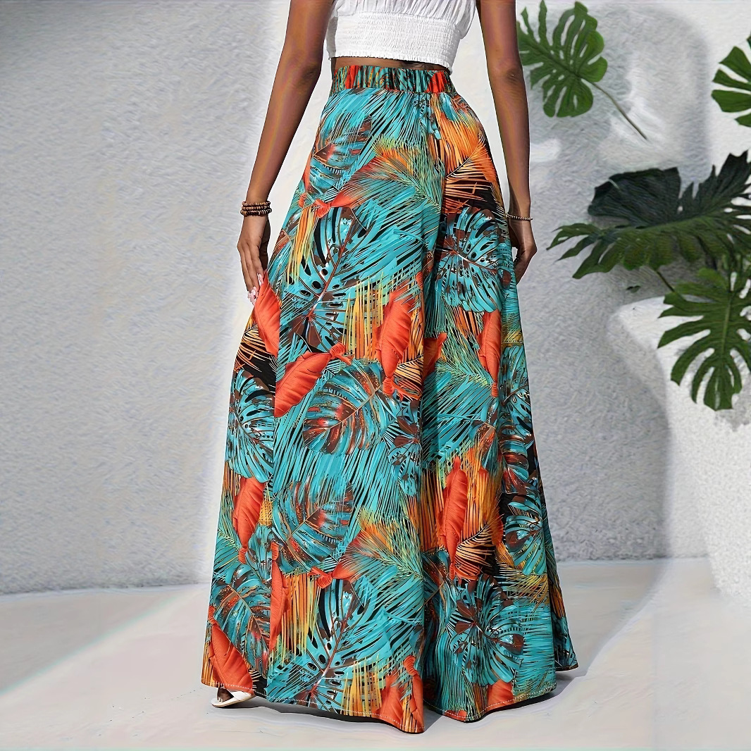Women's High-Waist Wide-Leg Pants Tropical Print Casual Loose Fit