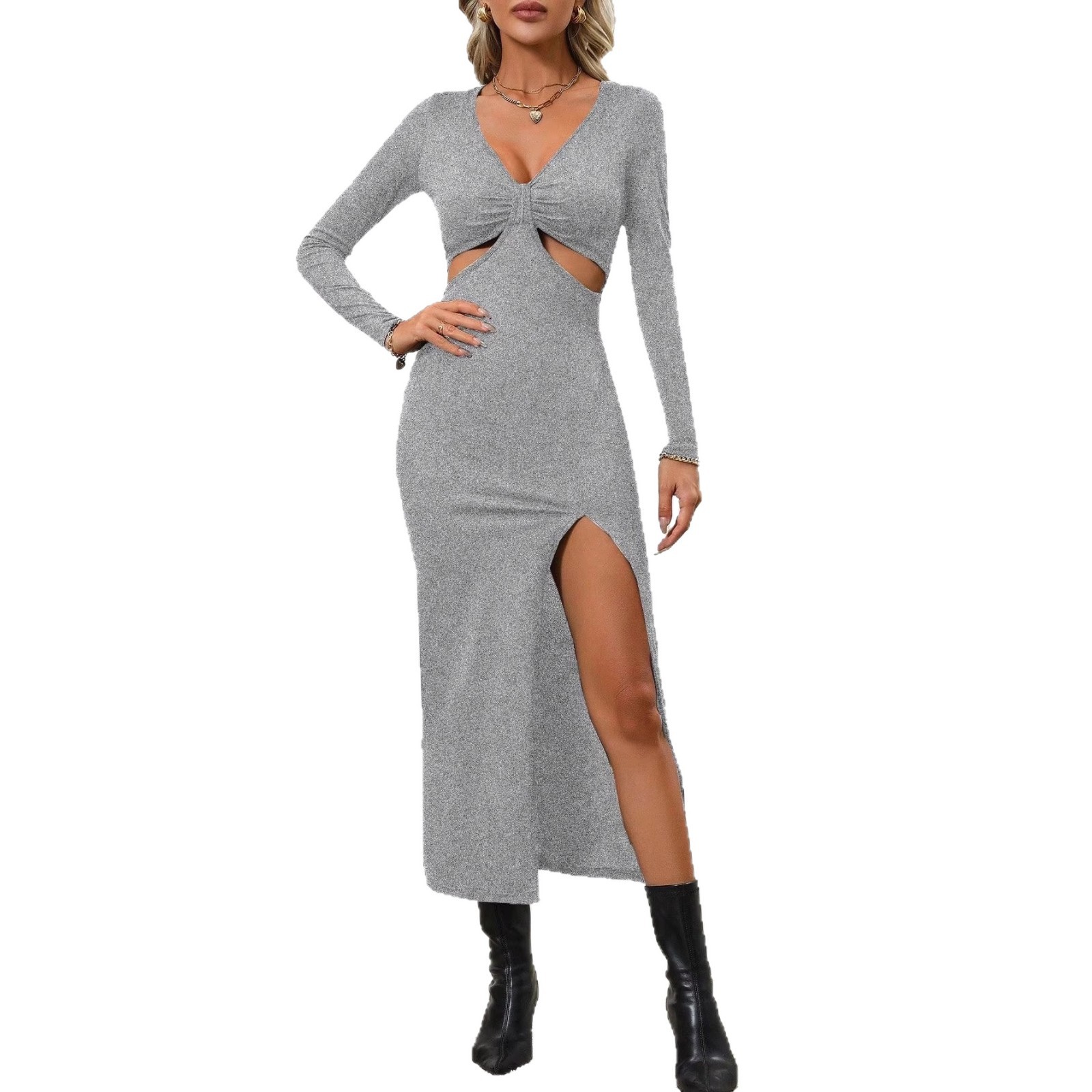 Deep V-Neck Cutout Slit Bodycon Midi Dress Long Sleeve Twist Knot