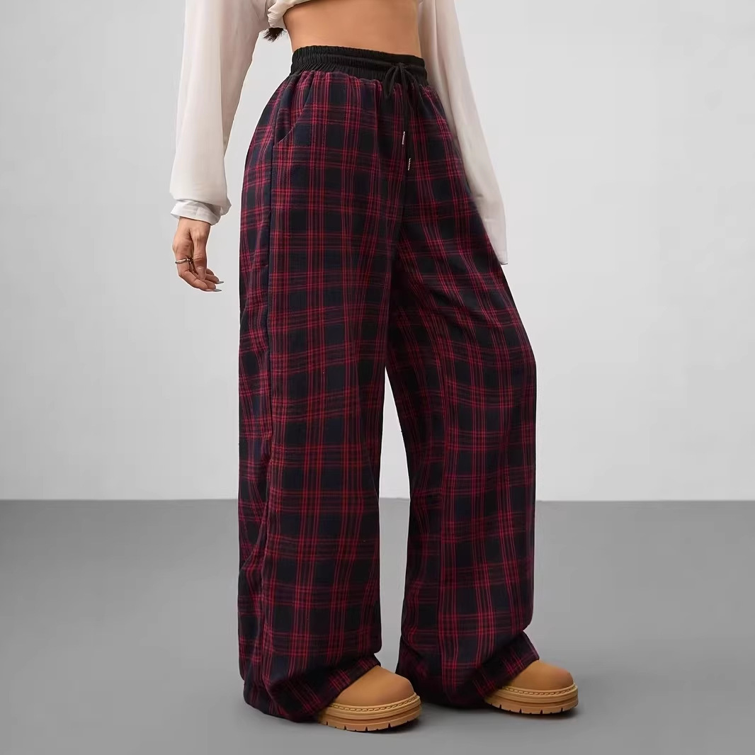 Retro Plaid Drawstring Wide-Leg Pants
