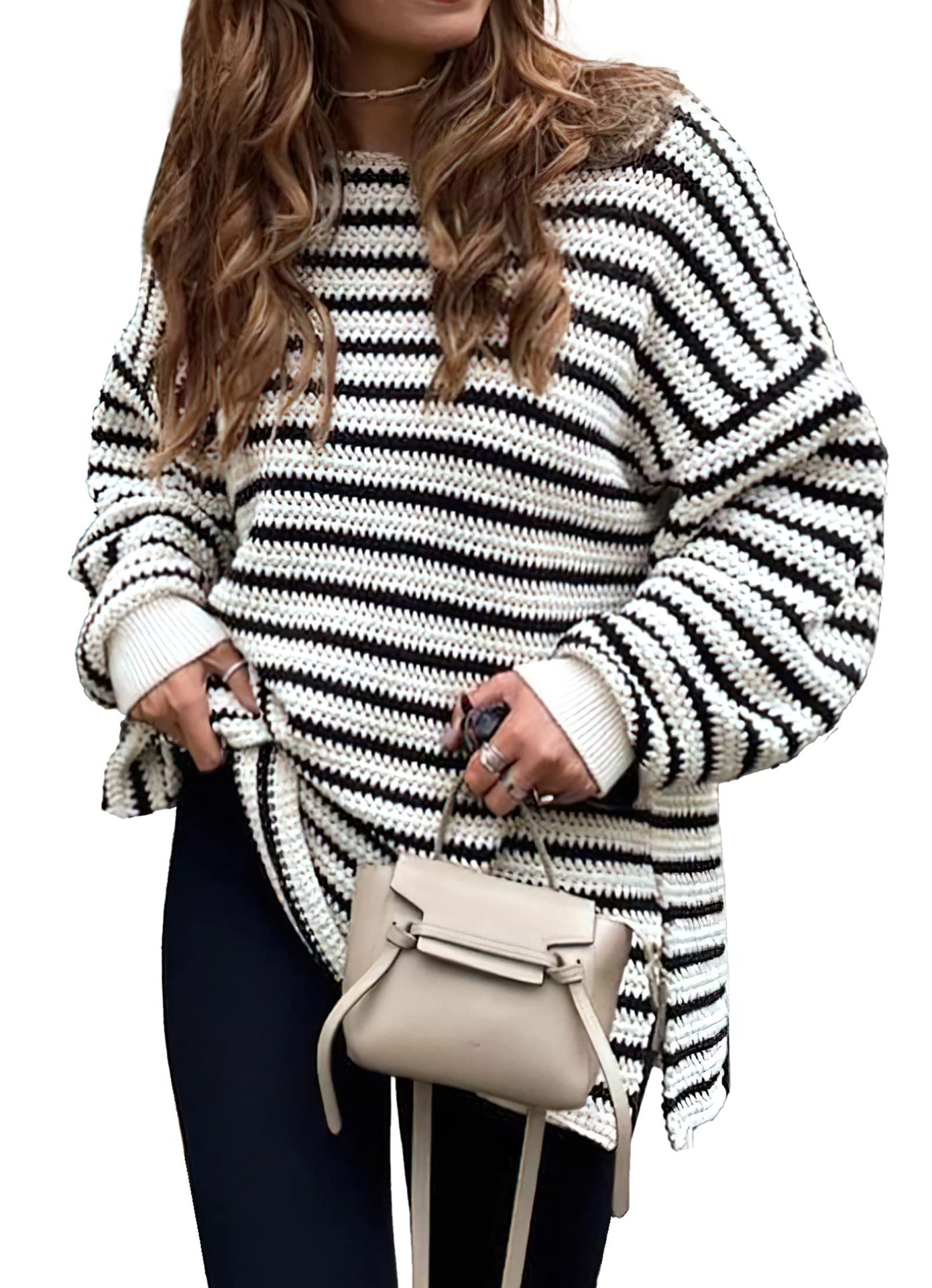 Striped Slit Loose Knit Sweater
