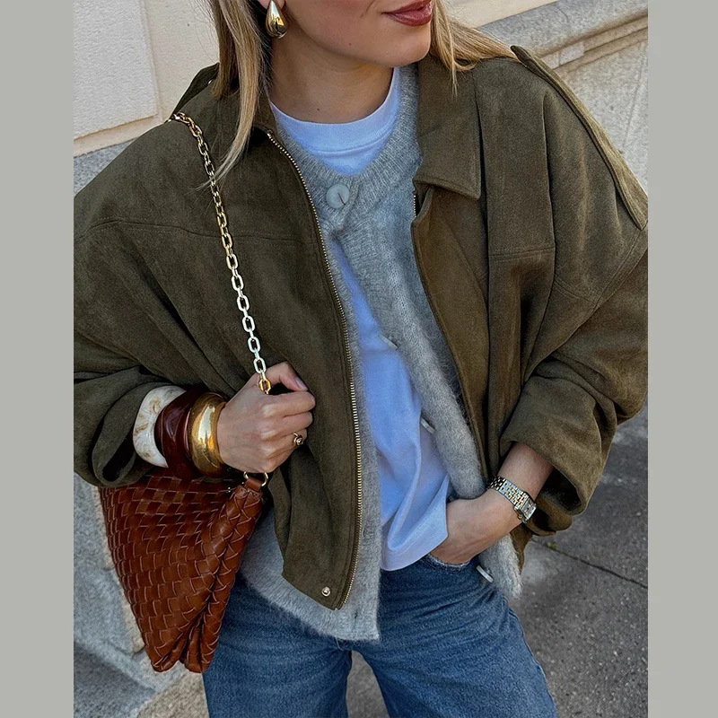 Women's Faux Leather Bomber Jacket and Shorts Set with Shoulder Buckles and Cinched Waist