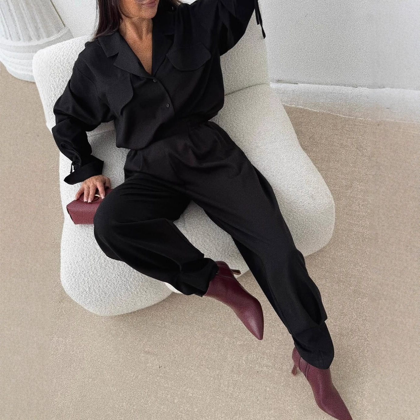 Women's Crepe Collared Long-Sleeve Shirt & Pants Set