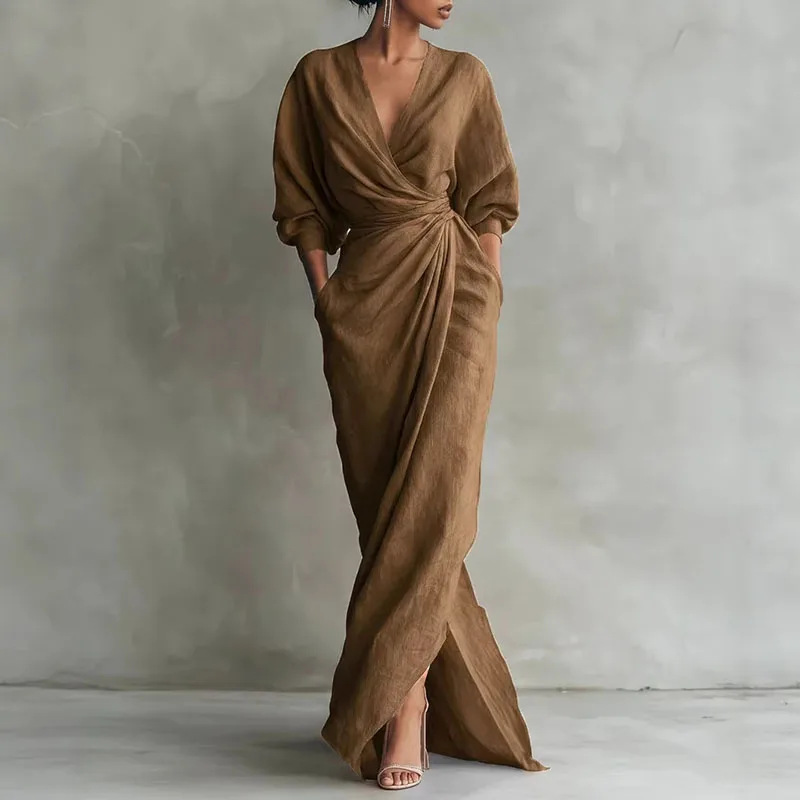 Women's Elegant Solid Cross V-Neck Long Sleeve Slim Waist Midi Dress