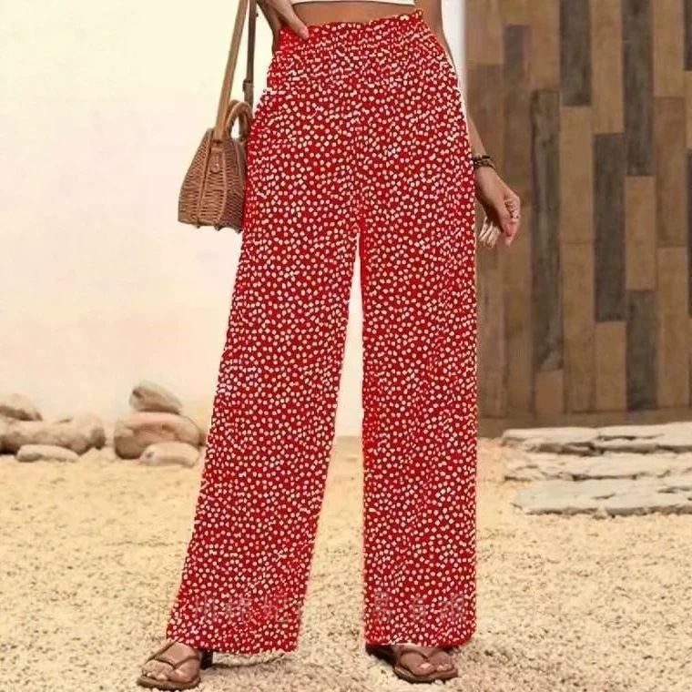 Boho Wide-Leg Pants with Polka Dot Print and Elastic Waist