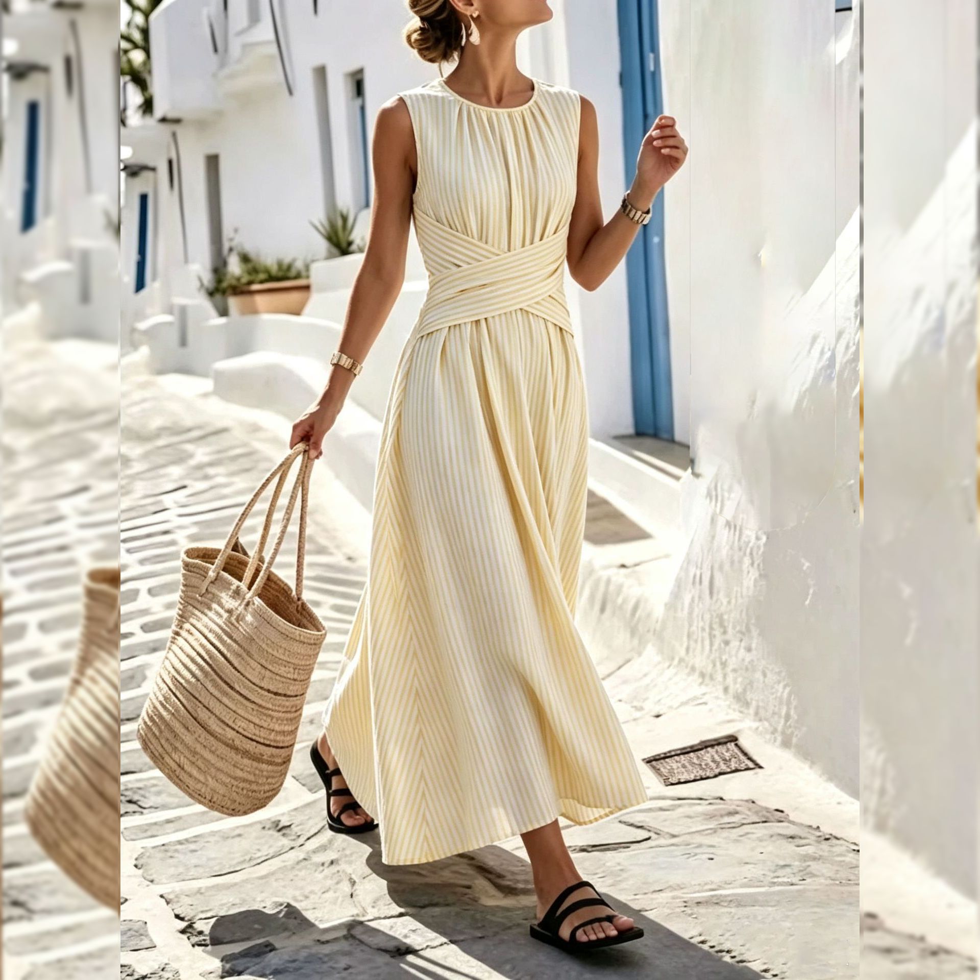Women's Striped Cross Ruched Long Dress Sleeveless High Waist Casual Vacation