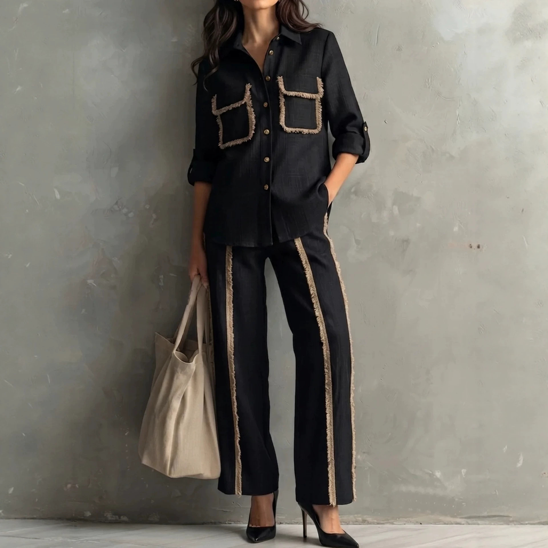 Minimalist Cropped Button Pocket Fringe Two-Piece Women's Set