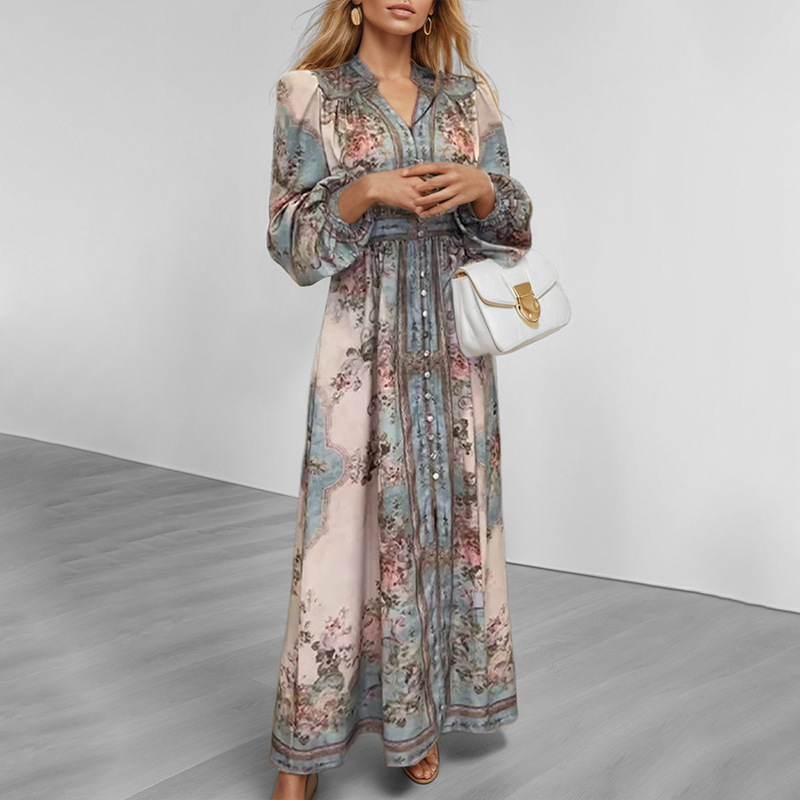 Women's V-Neck Floral Print A-Line Long Dress