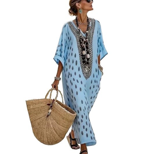 Women's Floral Polka Dot Print Midi Dress Deep V-Neck Five-Sleeve Slim Fit Casual