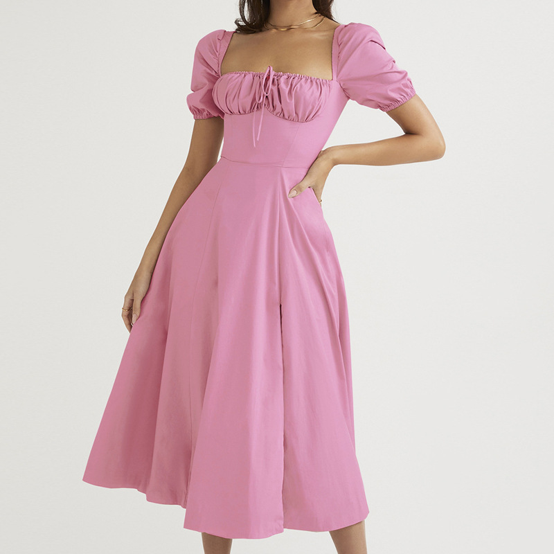 Women's Off-Shoulder High-Slit Midi Dress with Bubble Sleeves