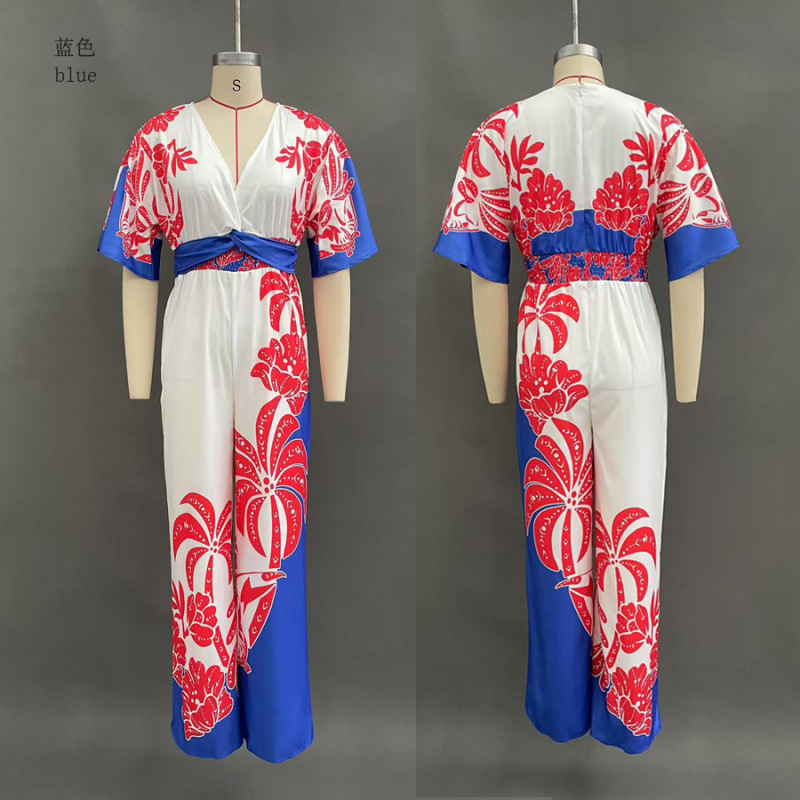 Women's V-Neck Printed Wide-Leg Jumpsuit