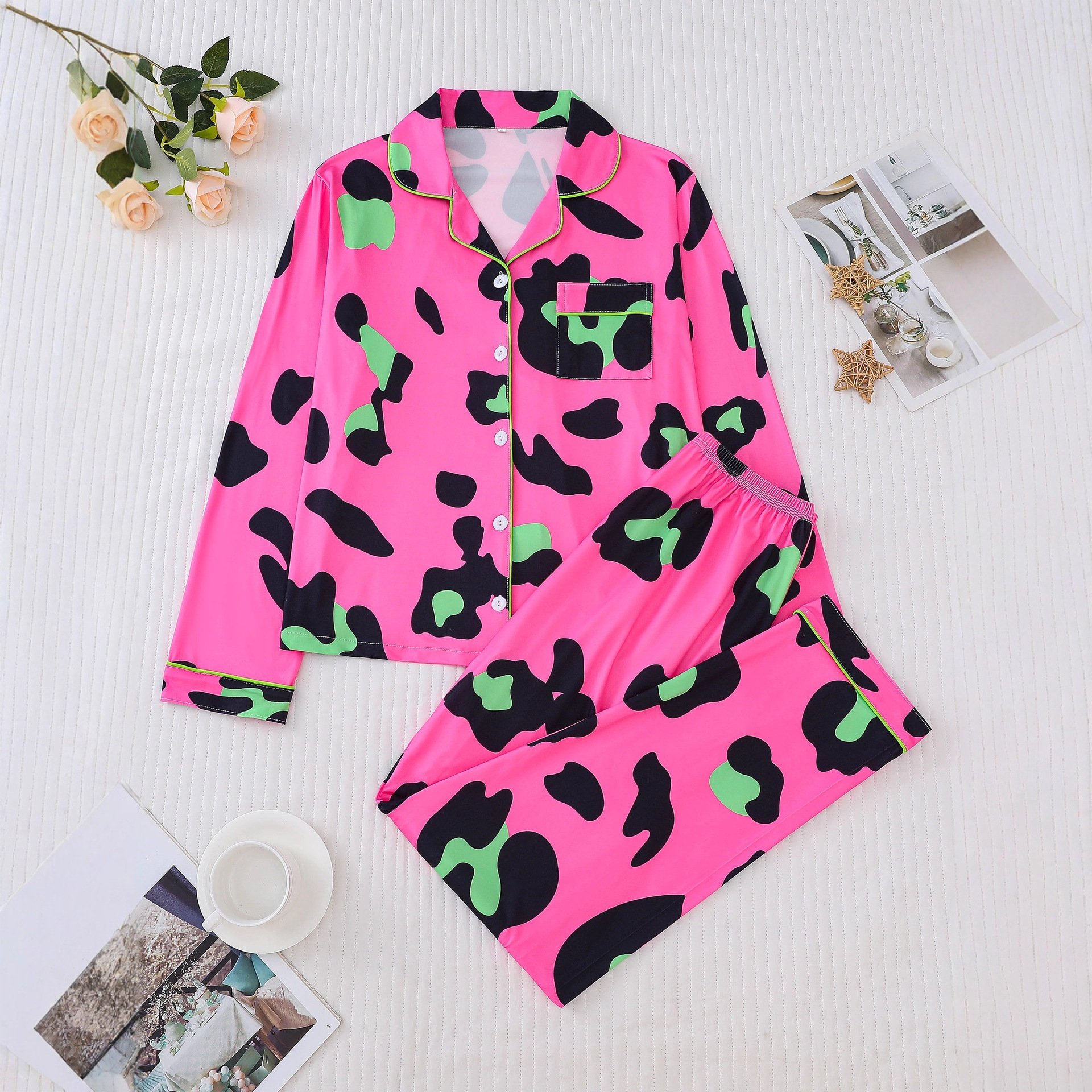 Cuban Collar Animal Print Women's Pant Set