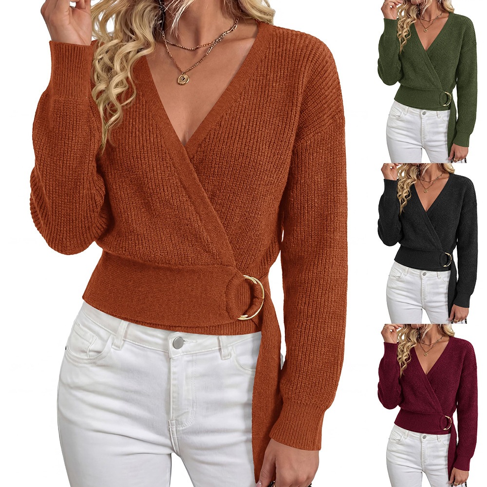 Metal Buckle V-Neck Knit Sweater
