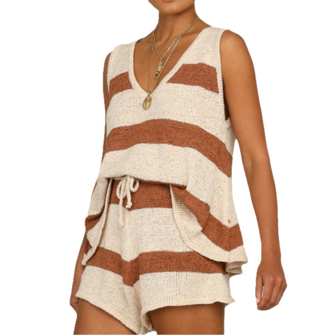 Striped V-Neck Knit Tank Top and Shorts Two-Piece Set