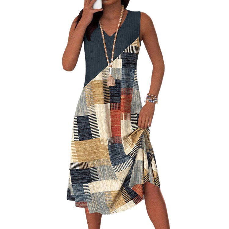 Women's Casual V-Neck Sleeveless Colorblock Midi Dress