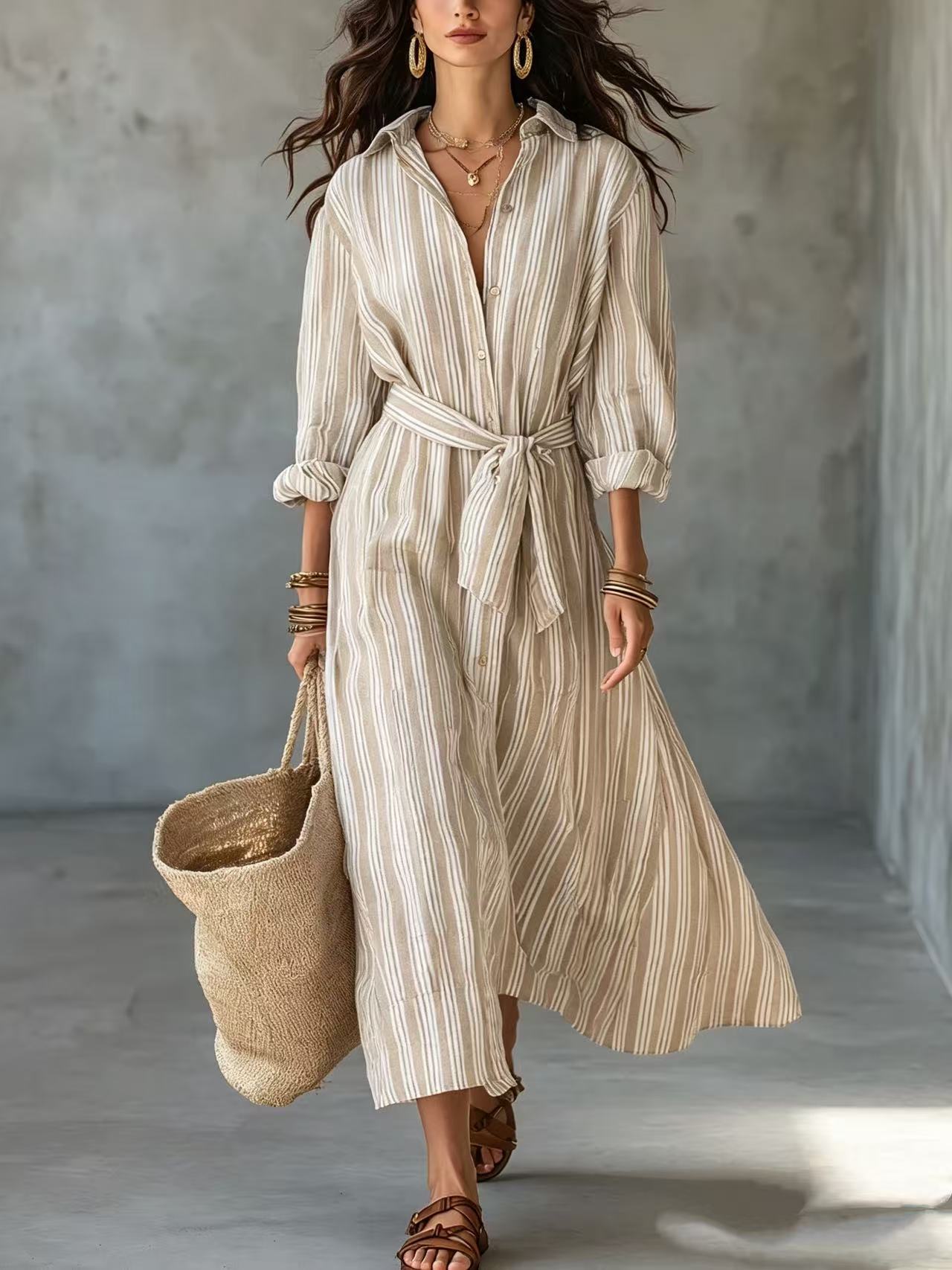 Striped Collared Tie-Waist Long Shirt Dress