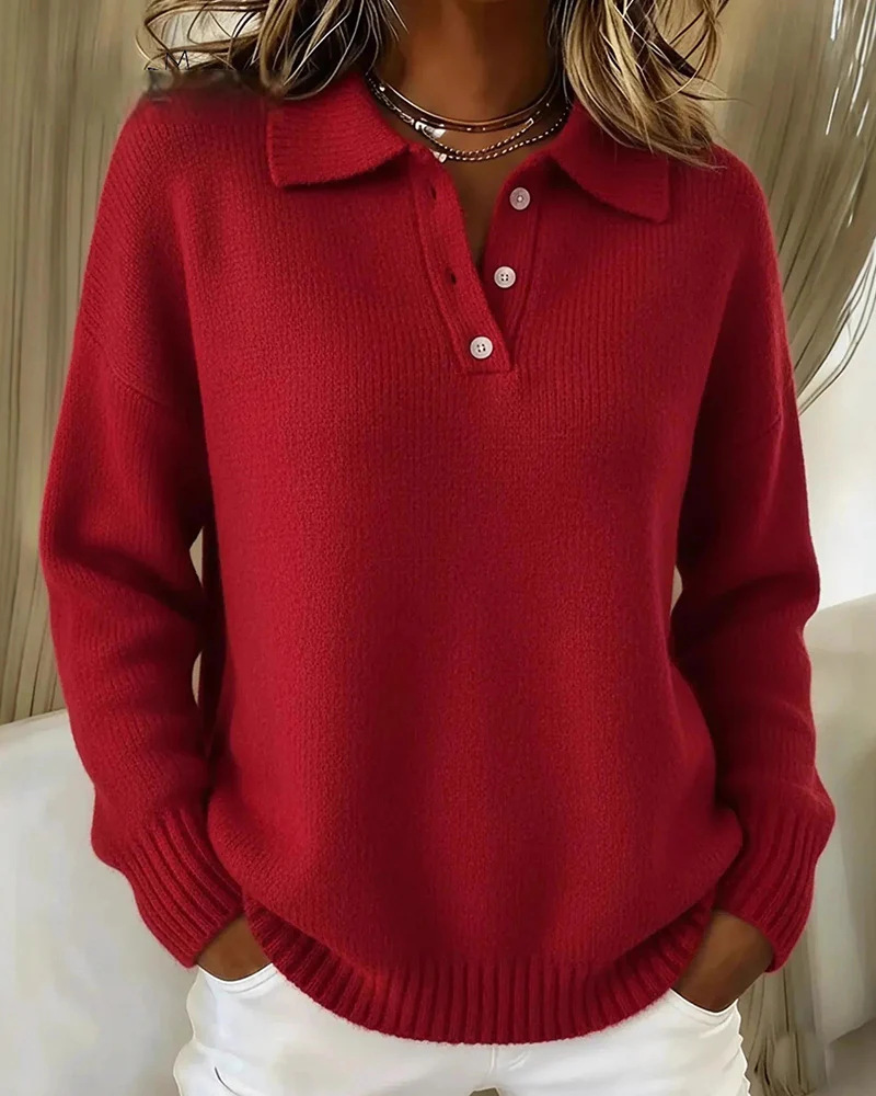 Women's Loose Relaxed Soft Knit Sweater with Collar and Buttons Long Sleeve