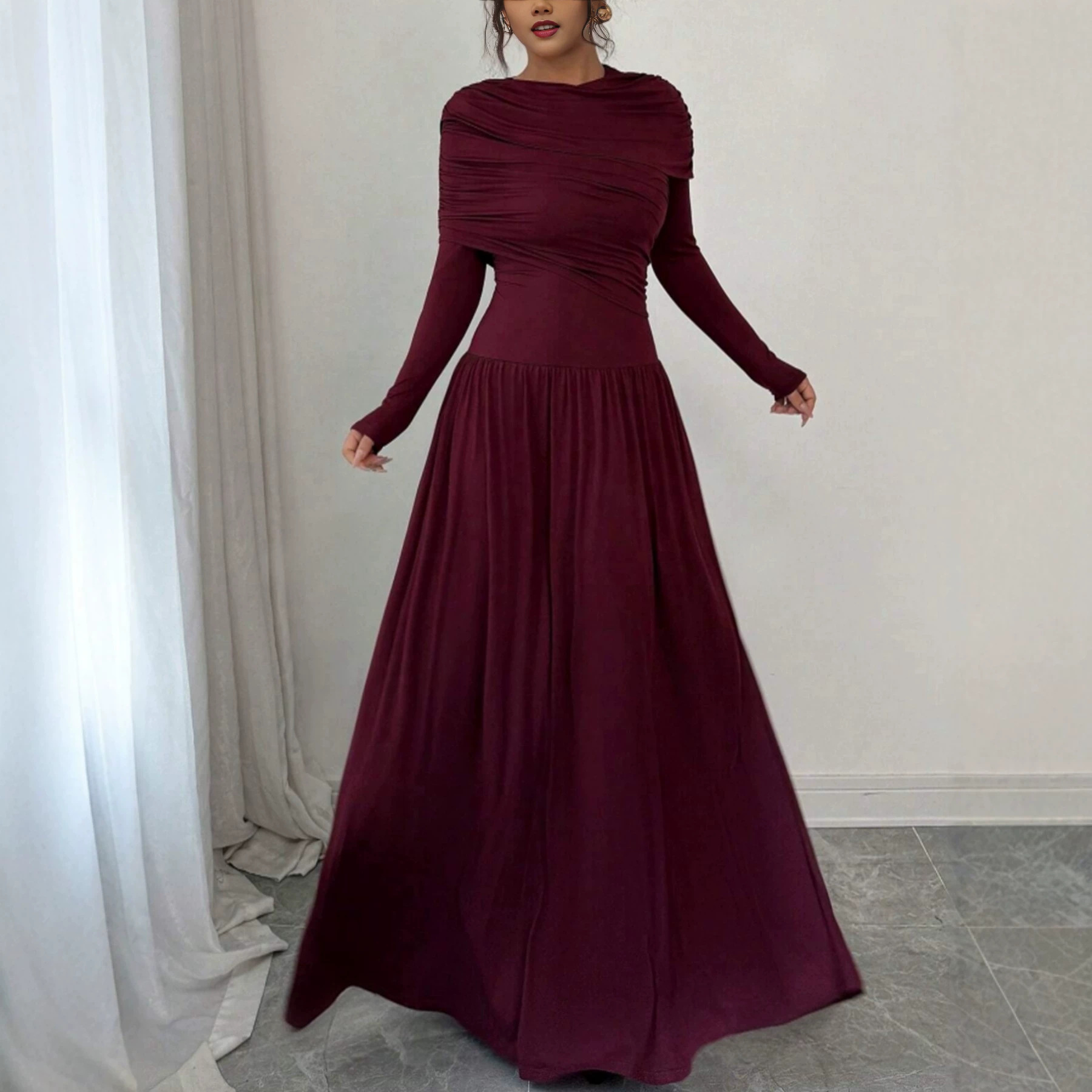 Designer Cape-Sleeve Long Evening Dress with One-Shoulder Neckline