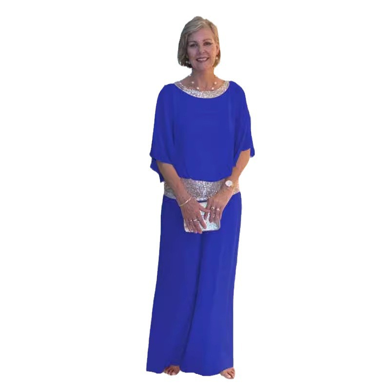 Sequin Colorblock Batwing Sleeve Top & Wide-Leg Pants Set