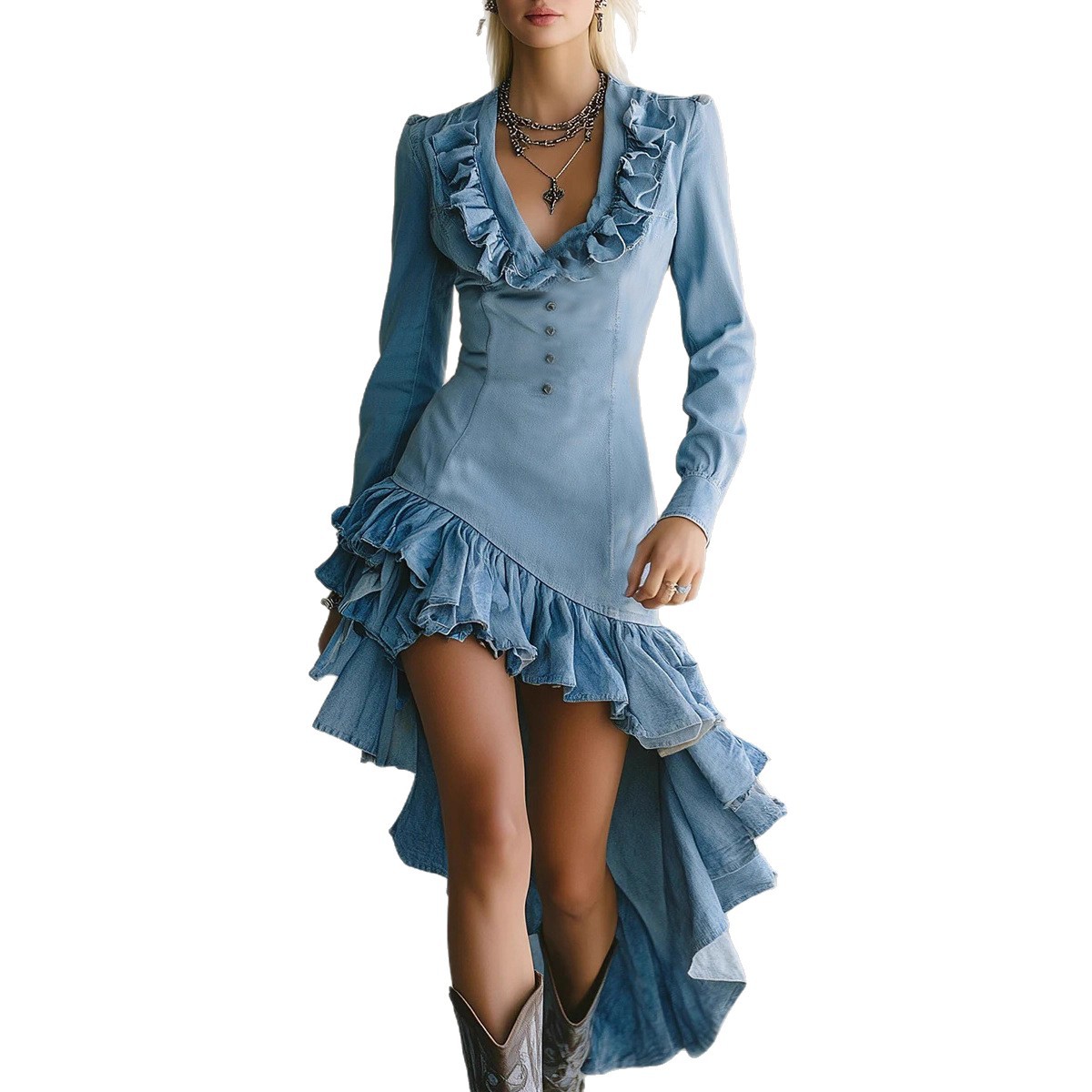 Women's Midi Dress with Ruffle Trim and Asymmetric Hem