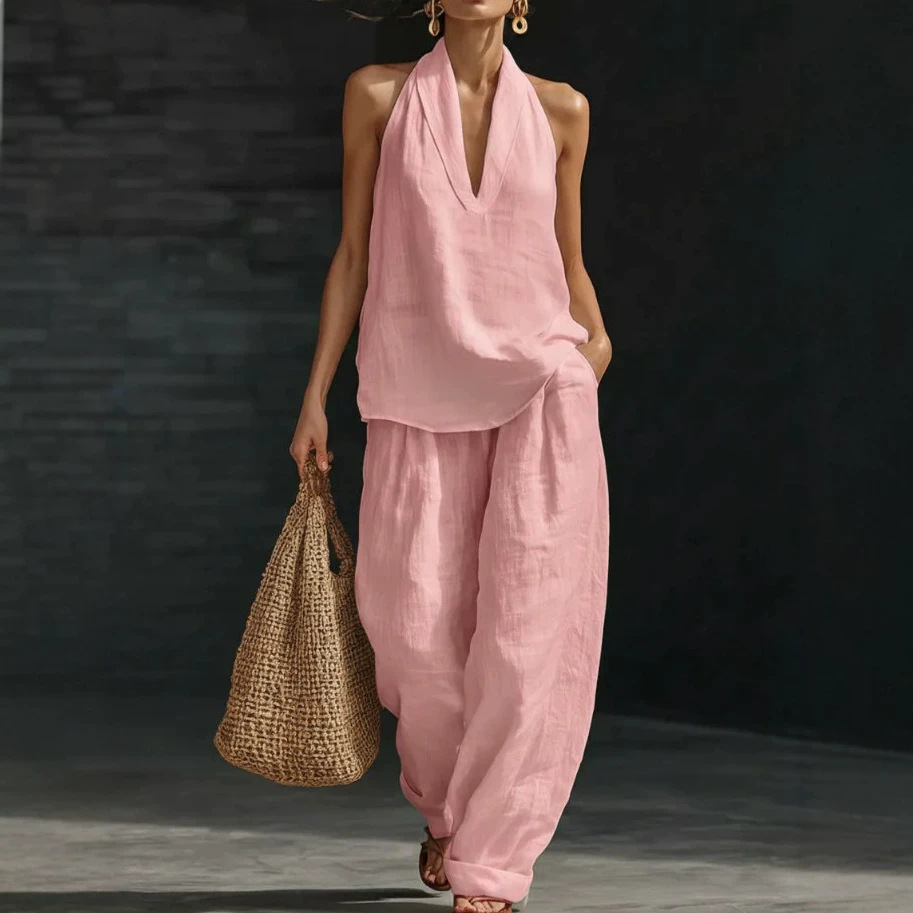 French-Style Halter V-Neck Open-Back Top & Wide-Leg Pants Set