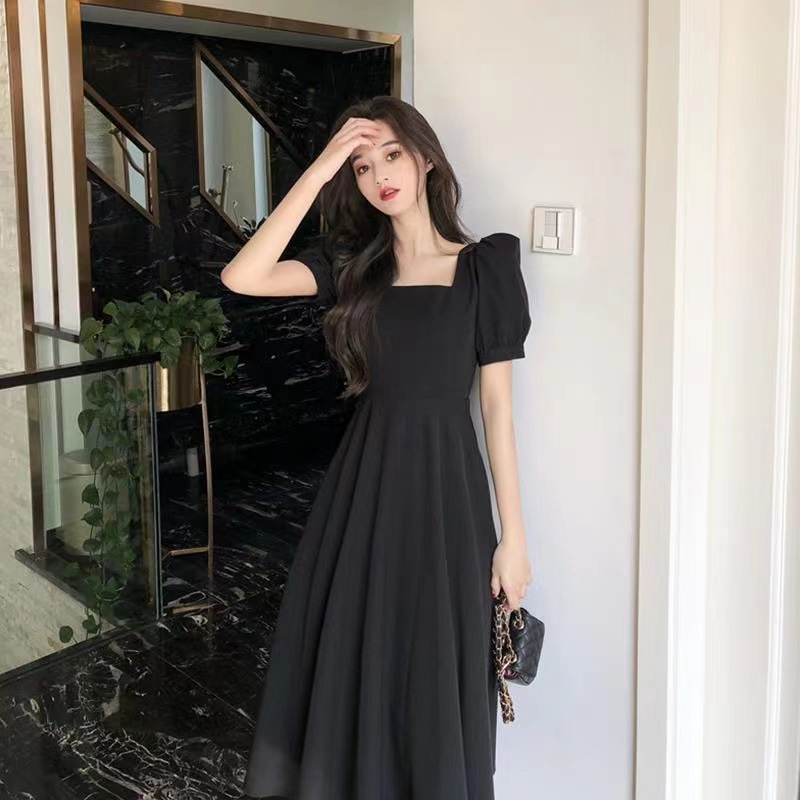 French Vintage Hepburn Style Midi Dress Square Neck Puff Sleeve A-Line