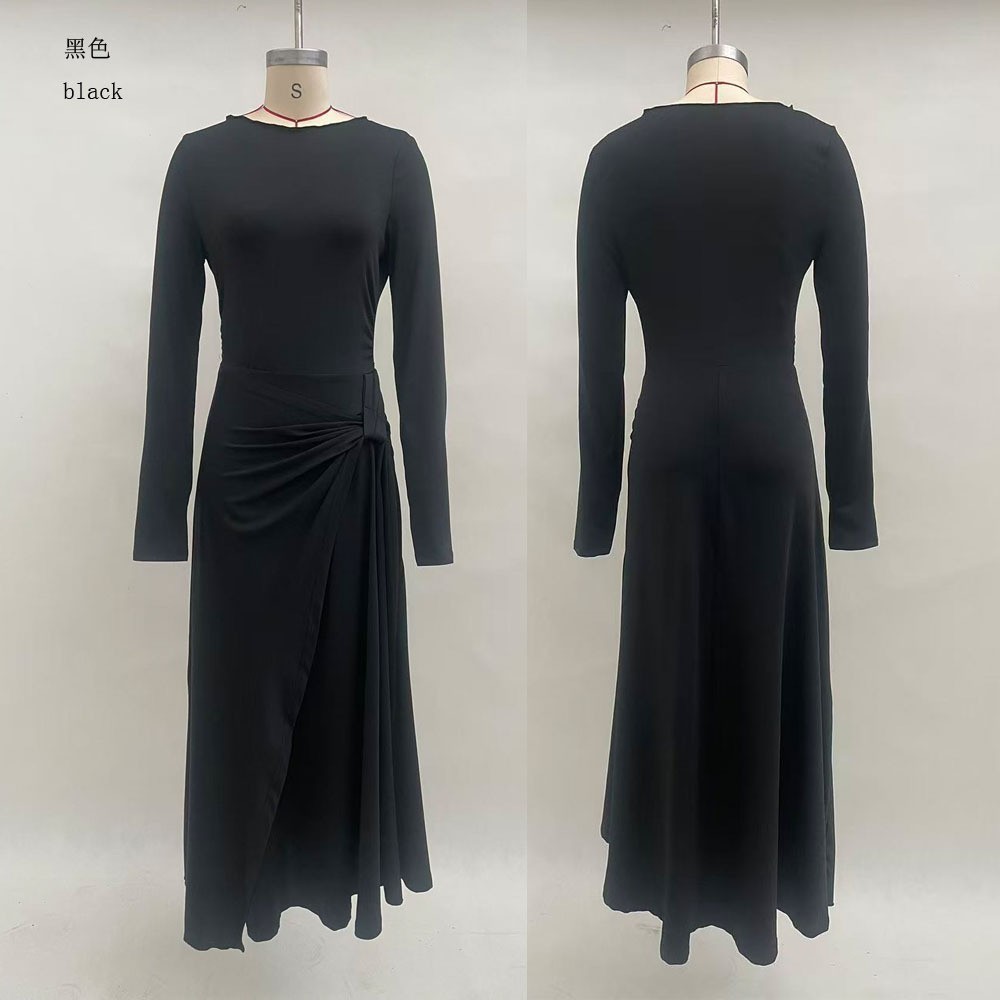 Women's Solid Wrap Long Dress with Knot Detail Long Sleeve