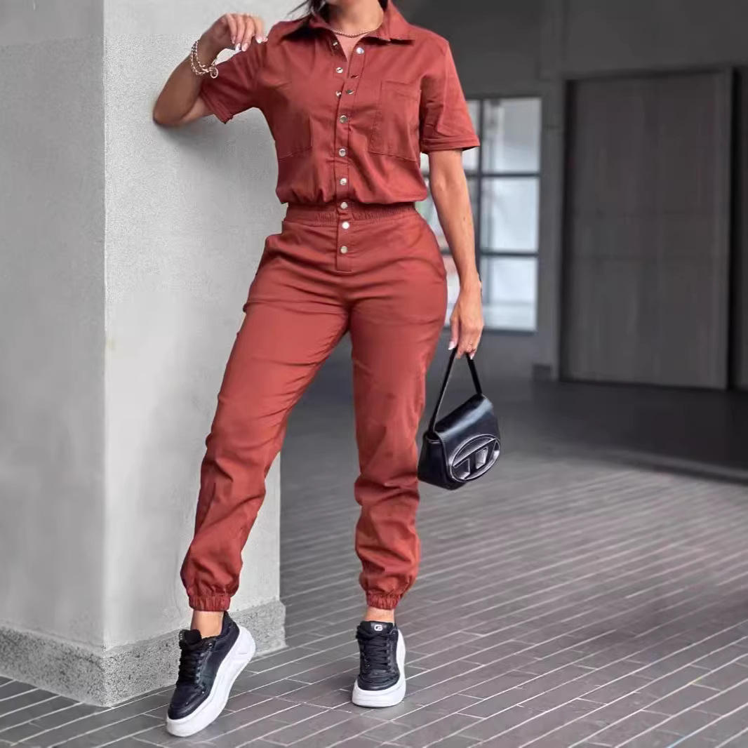 Women's Casual Jumpsuit with Collar, Pockets, Elastic Waist and Button Detail