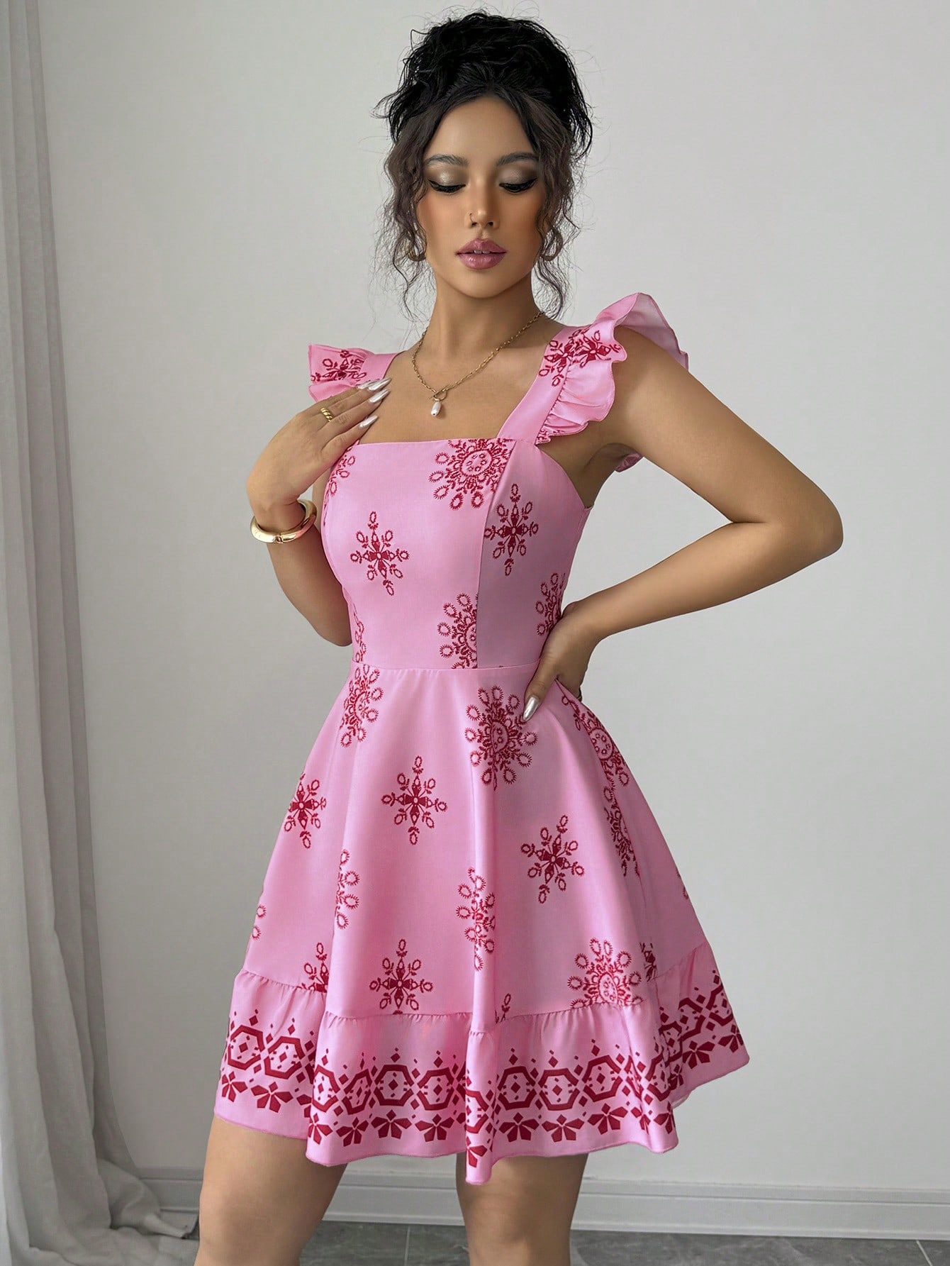 Floral Print Cami Dress with Ruffle Sleeves and Lace Trim