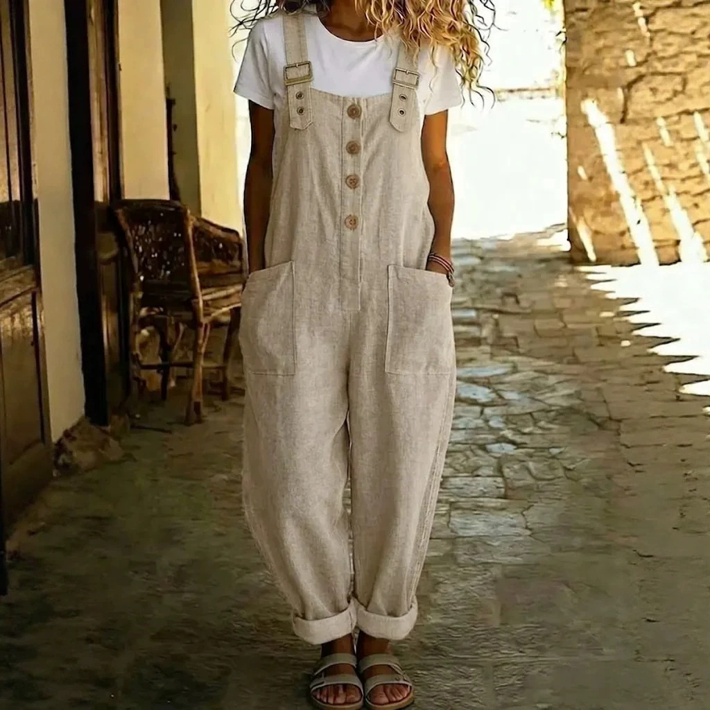 Women's Cotton-Linen Solid Color Straight-Leg Overalls with Pockets