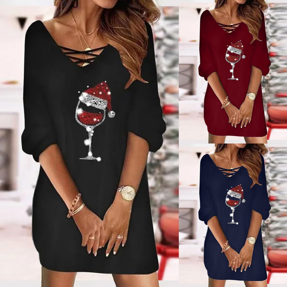 Women's Christmas Wine Glass Print Long Sleeve Pullover Dress