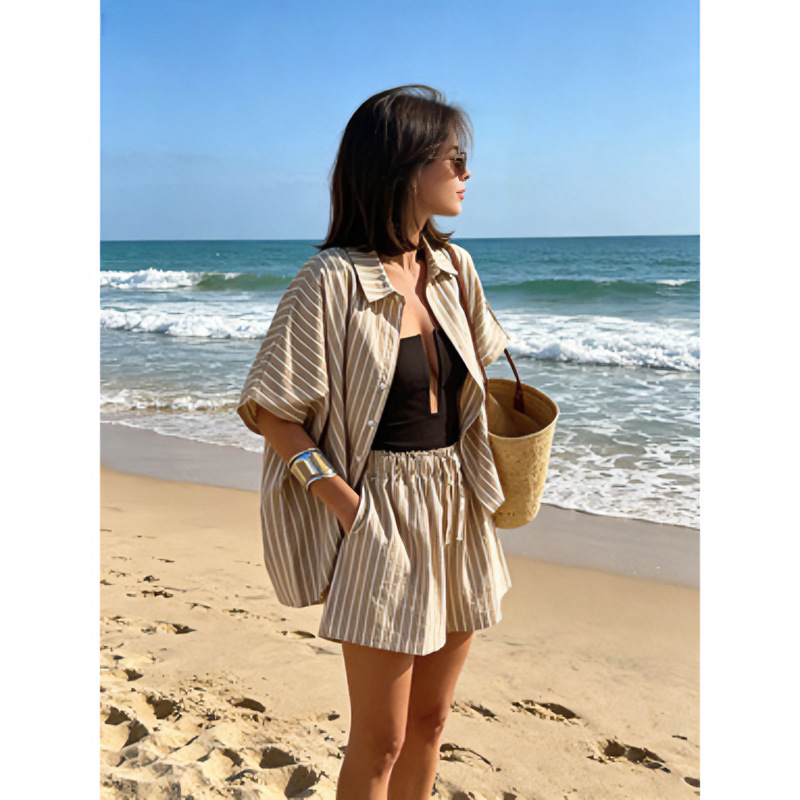 Striped Shirt and Pocket Shorts Set Women's Loose Casual Two-Piece