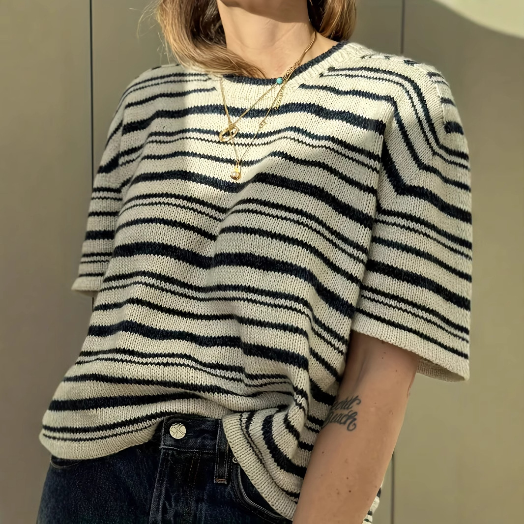 Striped Short Sleeve T-Shirt Crew Neck Casual Loose Fit