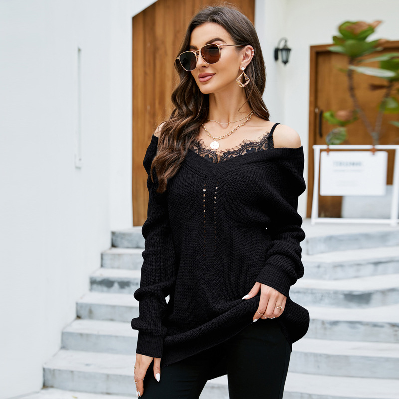 Women's Lace-Trim V-Neck Pullover Sweater Loose Fit