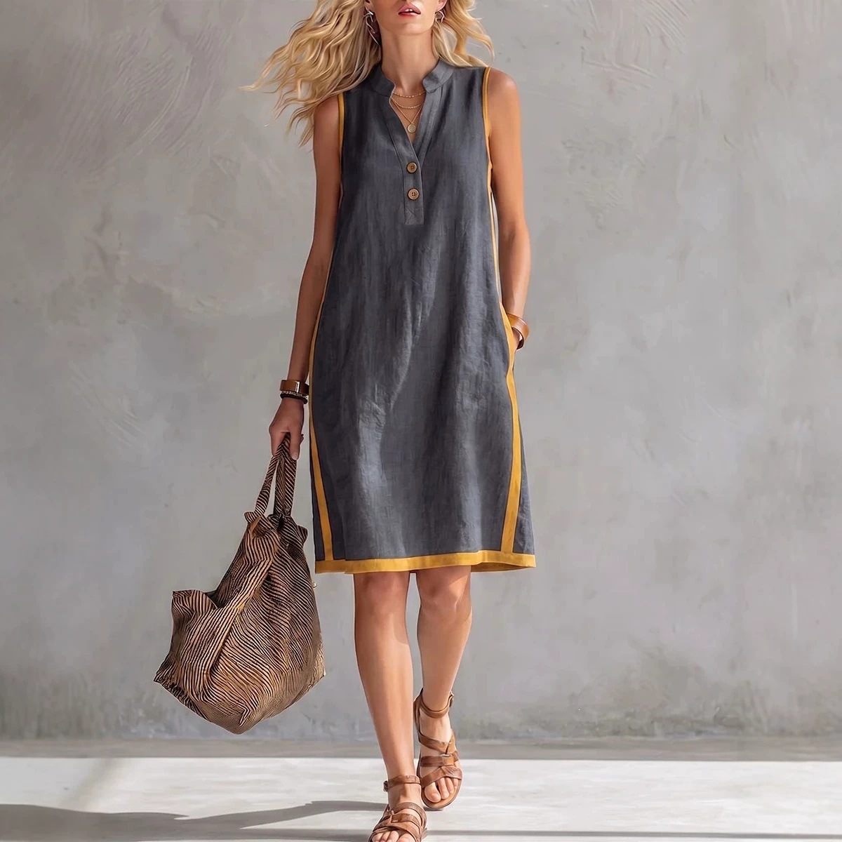 V-Neck Button-Down Sleeveless Midi Dress with Contrast Trim and Pockets
