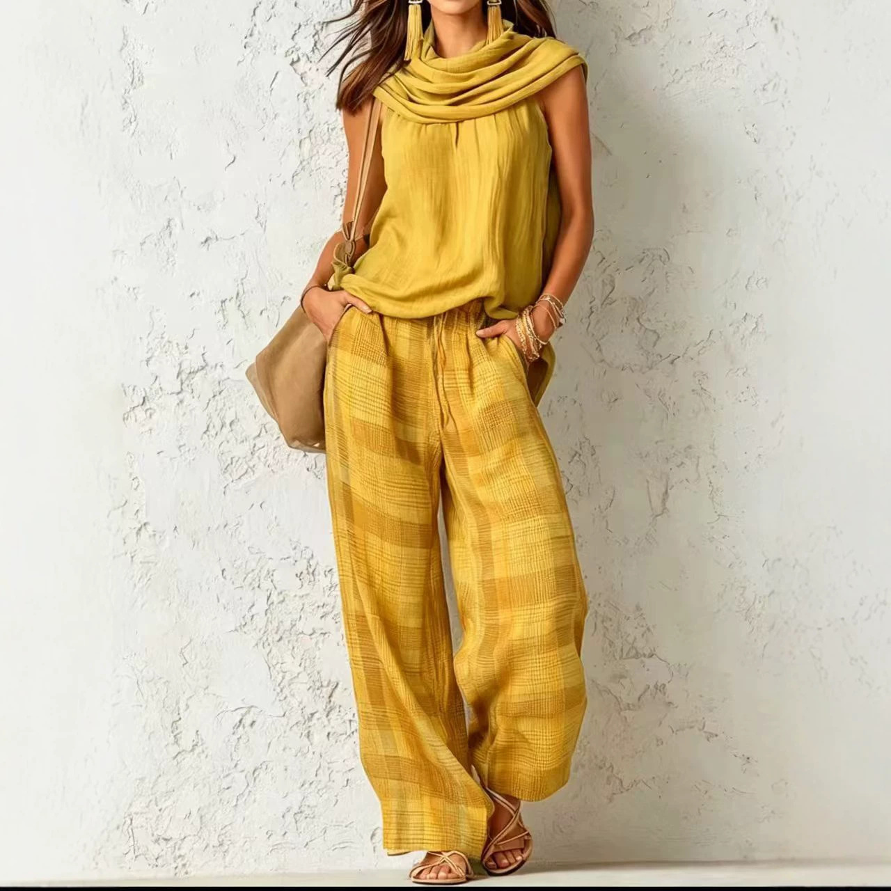 Women's Retro Sleeveless Top and Plaid Pants Two-Piece Set