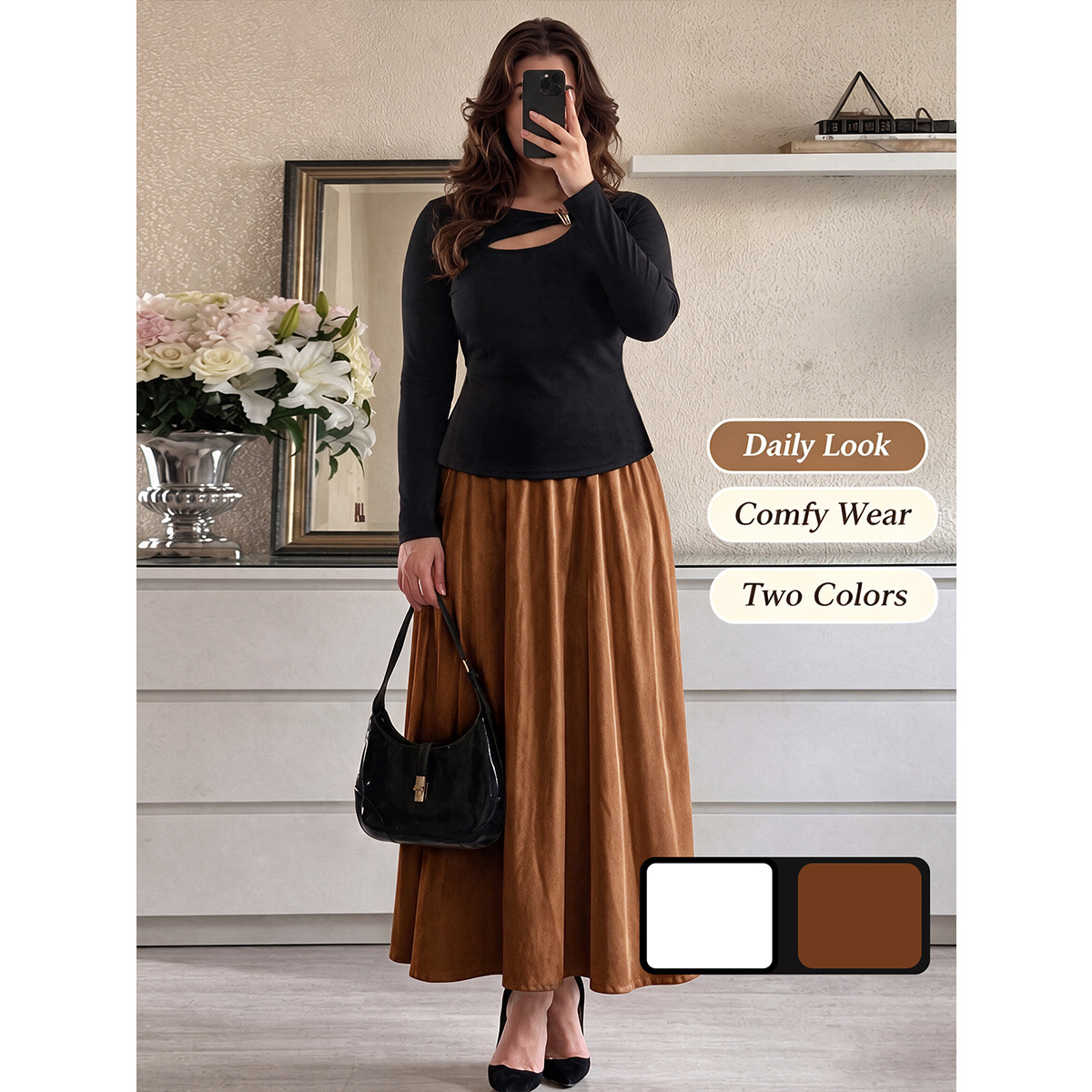 Plus Size Cutout Metal Button Long Sleeve Top & High Waist Midi Skirt Two-Piece Set