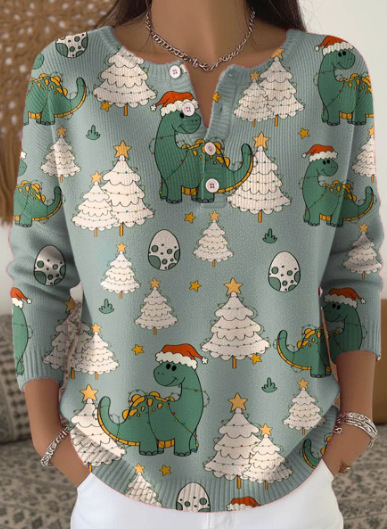 Women's Christmas Dinosaur Forest Print Button Sweatshirt