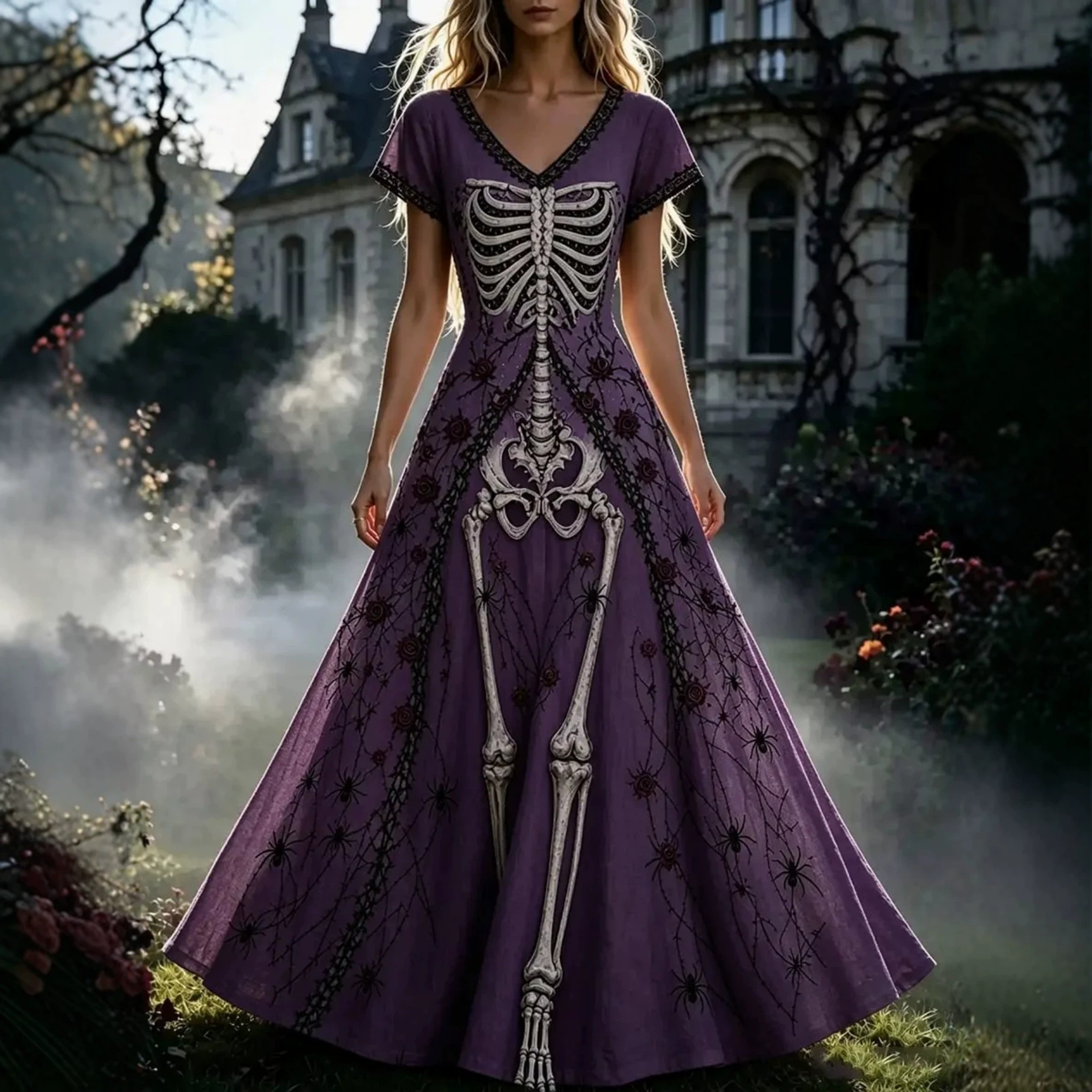 Women's Floral Skeleton Halloween Print Casual Midi Dress