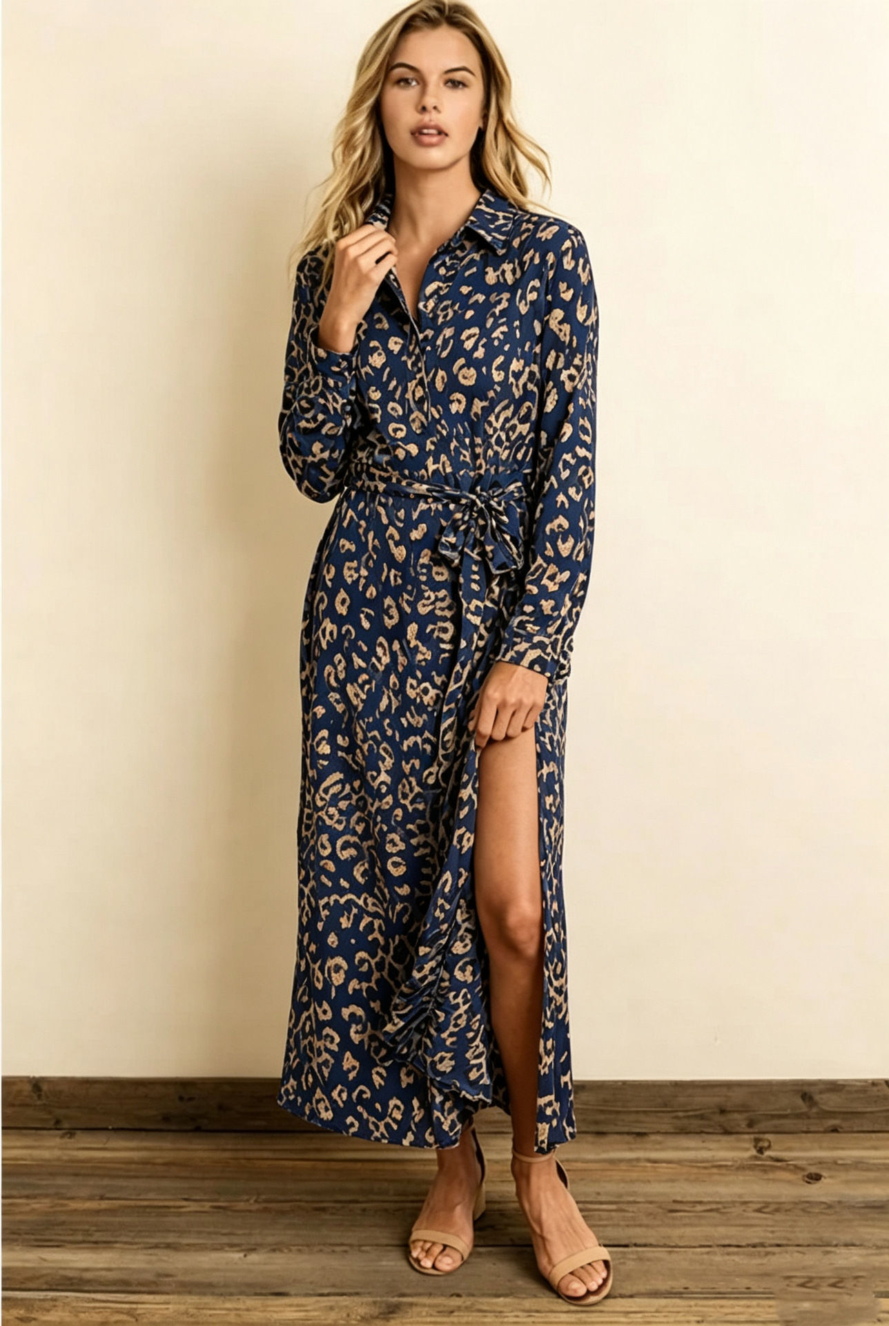 Collared Long Sleeve Tie-Waist Split Long Dress