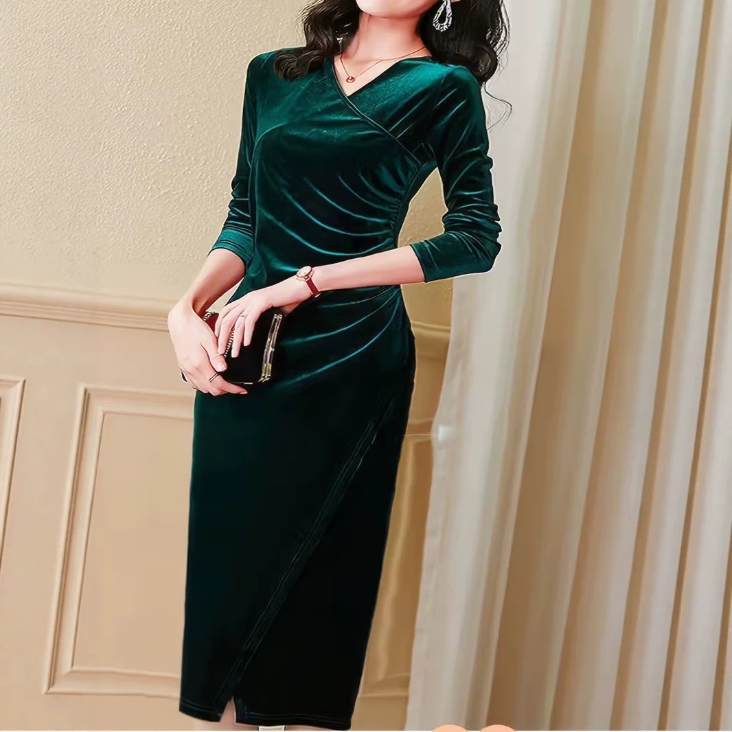 Pleated Velvet Long Sleeve V-Neck High Slit Evening Dress