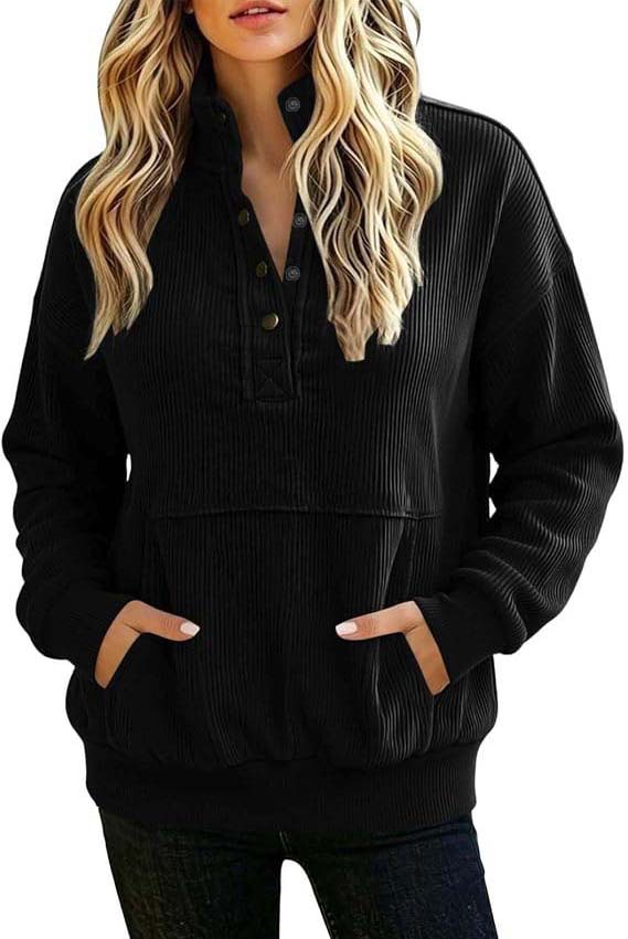 Solid Color Button-Front Long-Sleeve Hoodie with Pockets