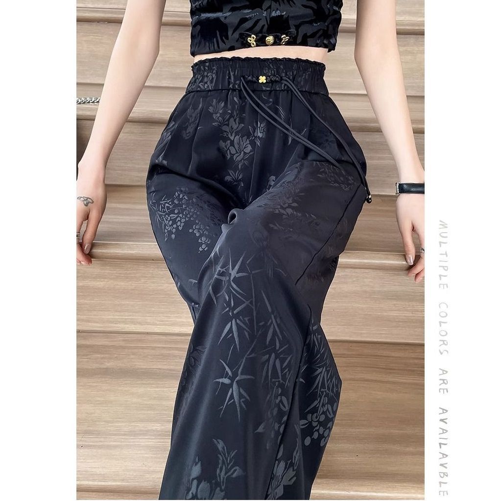 New Chinese Style Ice Silk Wide-Leg Pants Women's Floral Print Straight-Leg