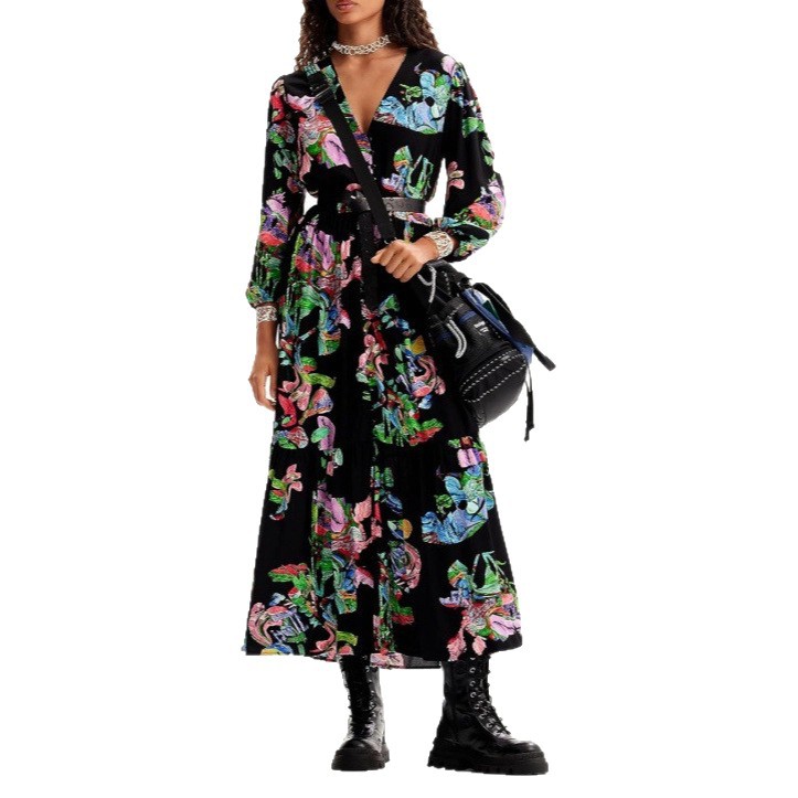 Women's Vintage Floral Midi Dress V-Neck Lantern Sleeve A-Line