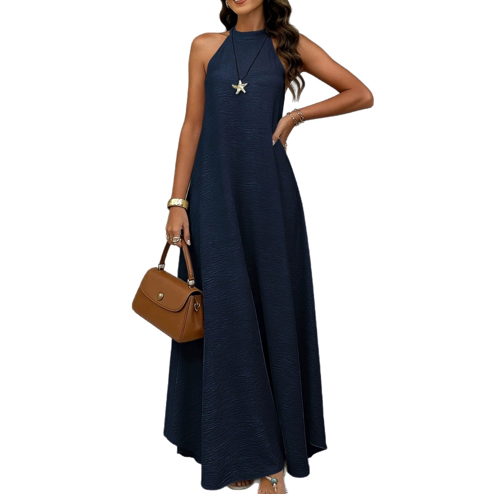 Sleeveless A-Line Midi Dress Solid Color High Waist Casual Elegant