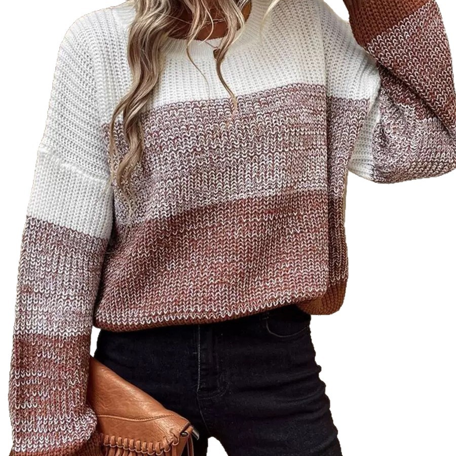 Women's Color-Block Crewneck Knit Sweater Loose Fit Long Sleeve