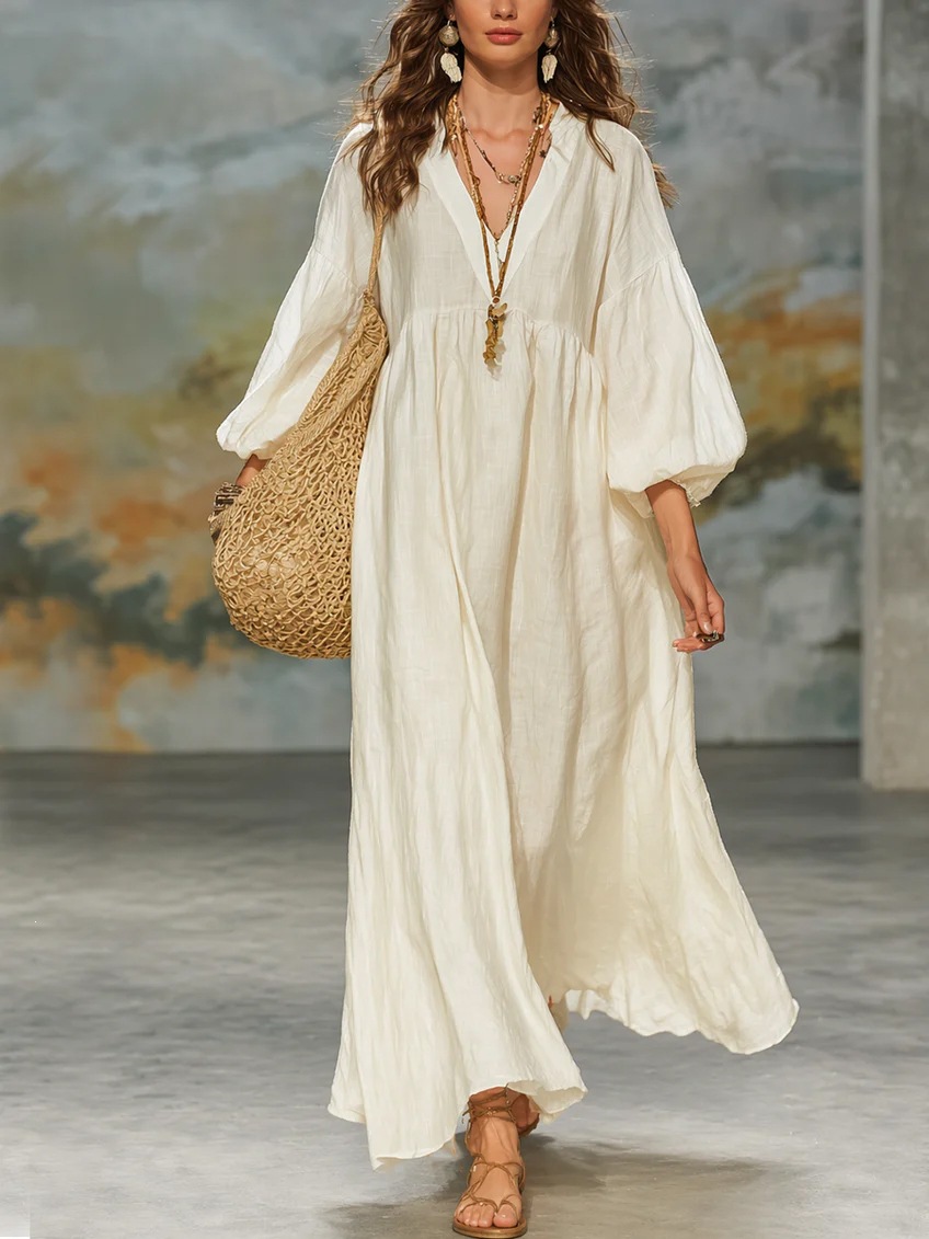 Boho Deep V Lantern Sleeve Maxi Dress