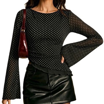 Women's Sheer Polka Dot Mesh Long Sleeve Round Neck Slim Fit Top