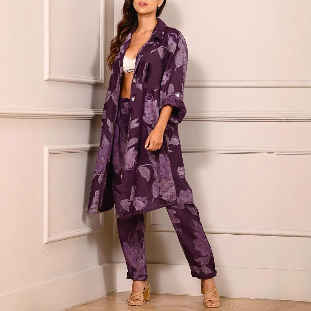 Printed Long-Sleeve Shirt Midi Skirt and Elastic Waist Pants Set